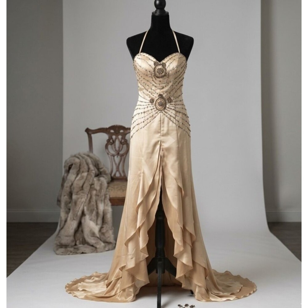 Tony Bowls Champagne Art Deco Silk Beaded Prom Hi-Low Maxi Dress Gatsby Gown S 6